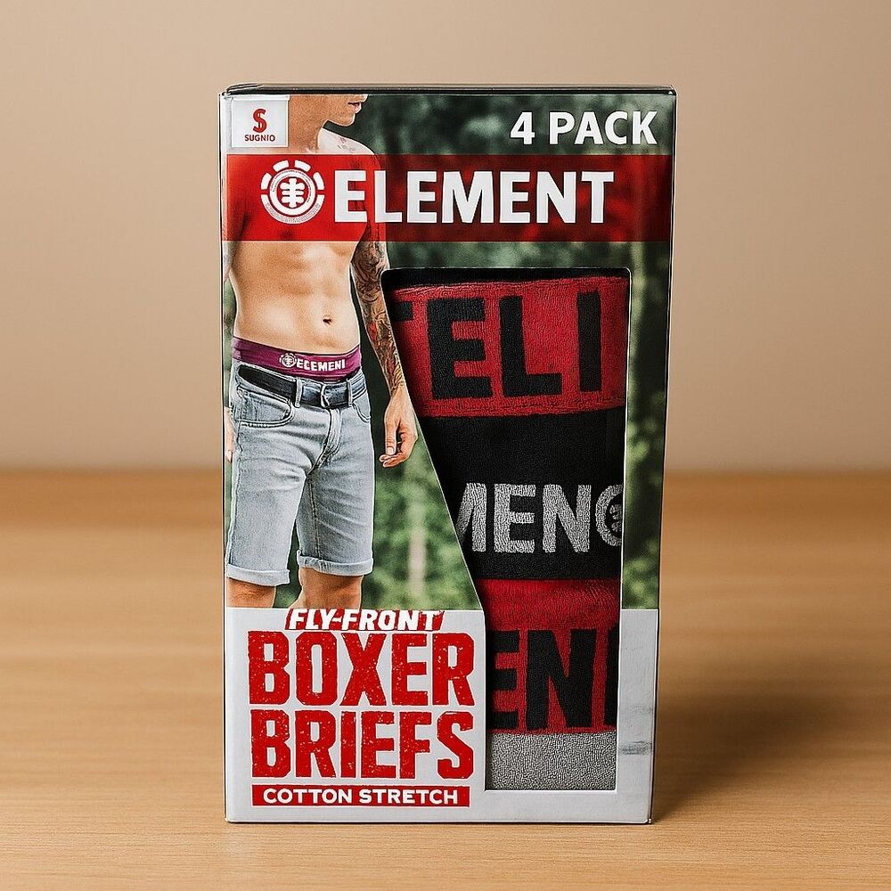 Element Mens Cotton Stretch 4 Pack Small 28-30 Fly Front Boxer Briefs Black/Red